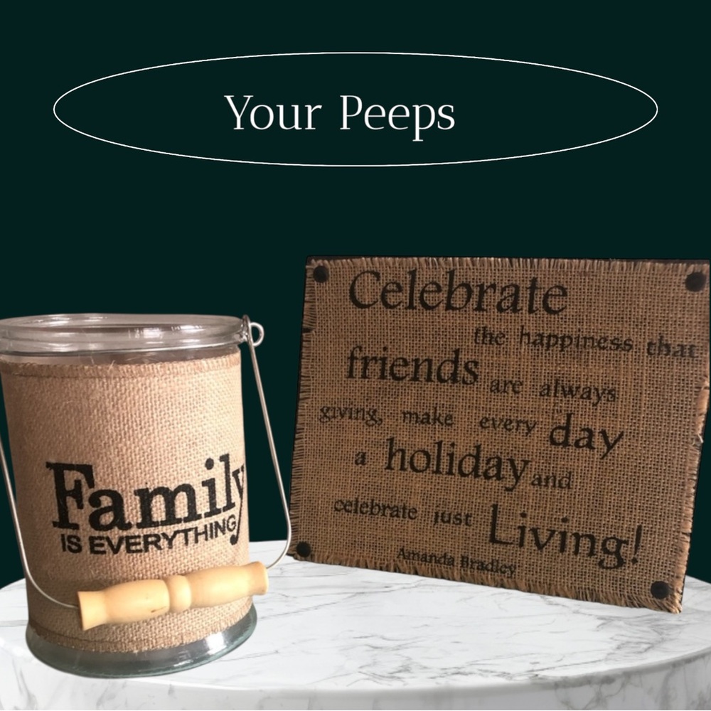 Burlap MANOR LANE Candle Holder and HALLMARK Decorative Plaque Set